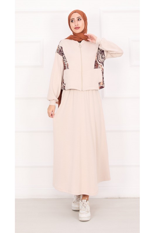 21130 - Garni Detaylı Croplu Etekli Takım Bej A24