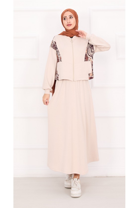 21130 - Garni Detaylı Croplu Etekli Takım Bej A24