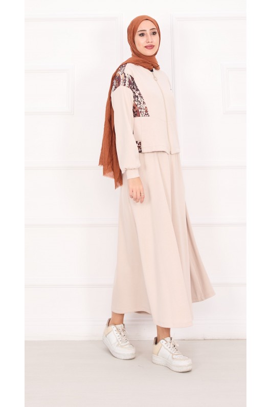 21130 - Garni Detaylı Croplu Etekli Takım Bej A24