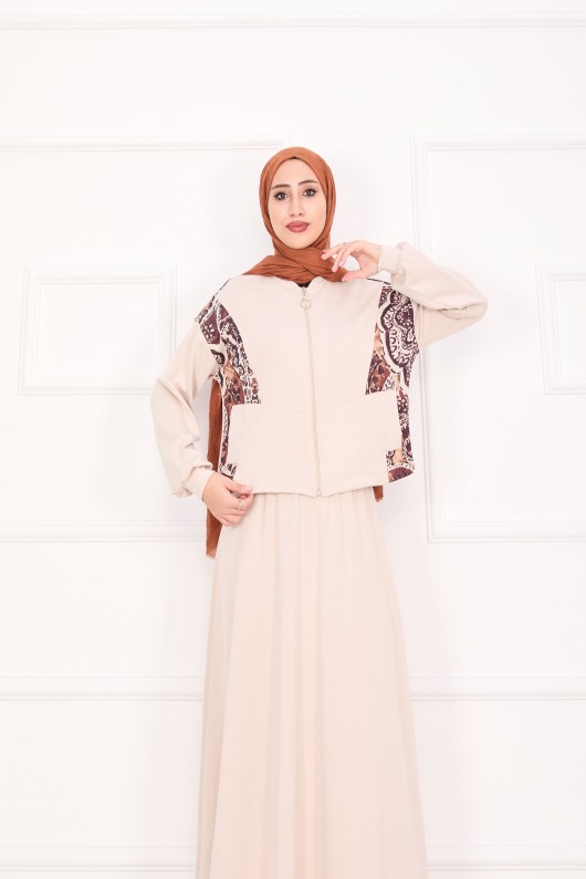 21130 - Garni Detaylı Croplu Etekli Takım Bej A24