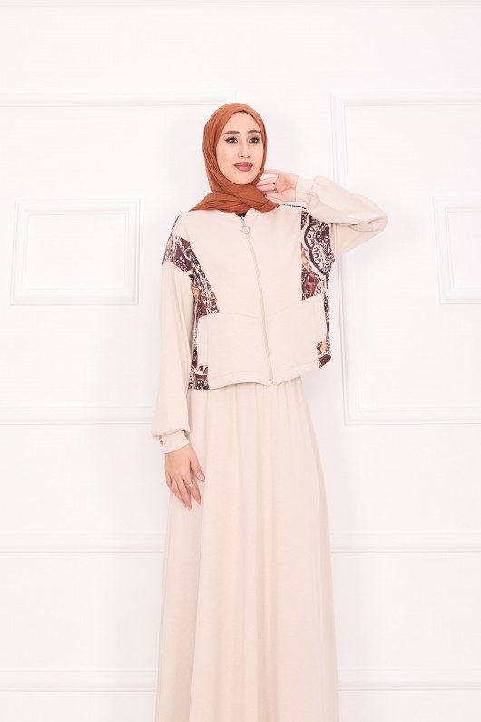 21130 - Garni Detaylı Croplu Etekli Takım Bej A24