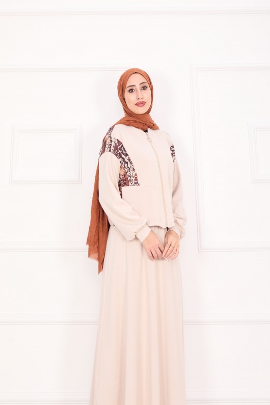 21130 - Garni Detaylı Croplu Etekli Takım Bej A24