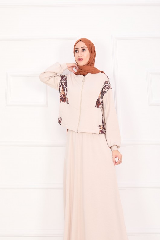 21130 - Garni Detaylı Croplu Etekli Takım Bej A24