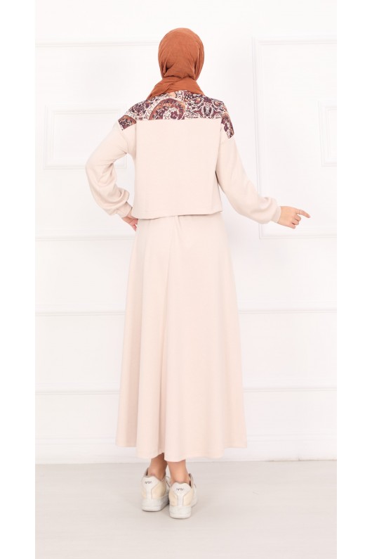 21130 - Garni Detaylı Croplu Etekli Takım Bej A24