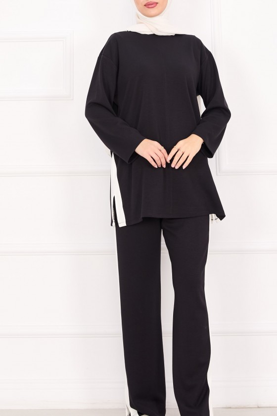 21187 - Oyşo Kumaş Şerit Detay İkili Takım Si̇yah