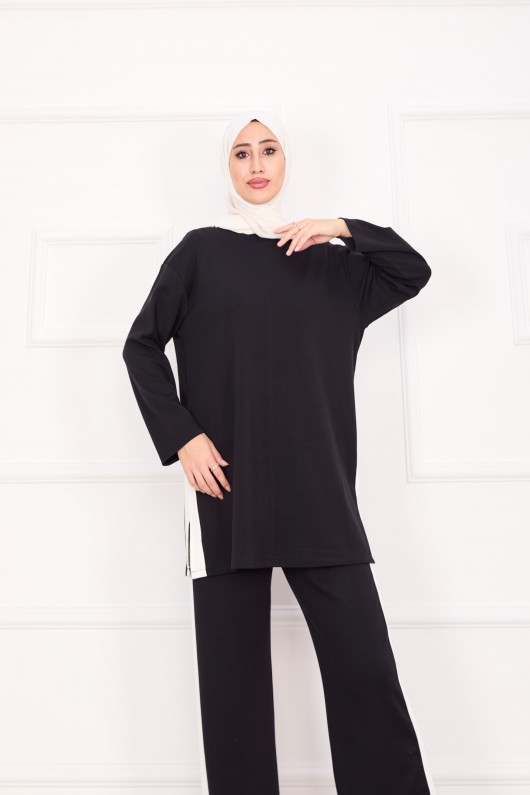 21187 - Oyşo Kumaş Şerit Detay İkili Takım Si̇yah A24