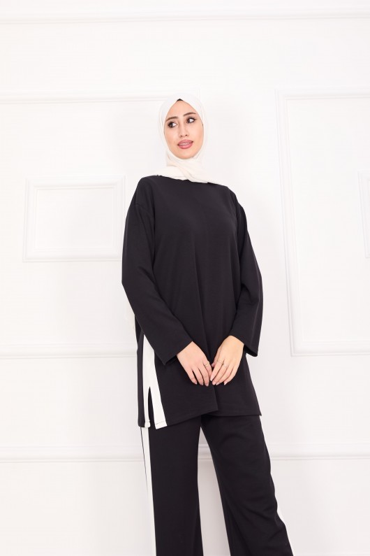 21187 - Oyşo Kumaş Şerit Detay İkili Takım Si̇yah A24