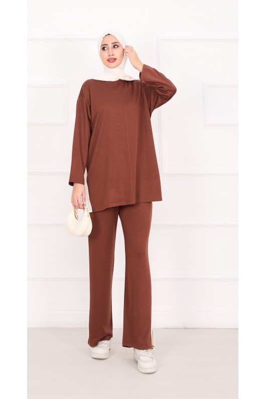 21187 - Oyşo Kumaş Şerit Detay İkili Takım Kahverengi̇ A24