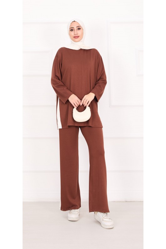 21187 - Oyşo Kumaş Şerit Detay İkili Takım Kahverengi̇ A24