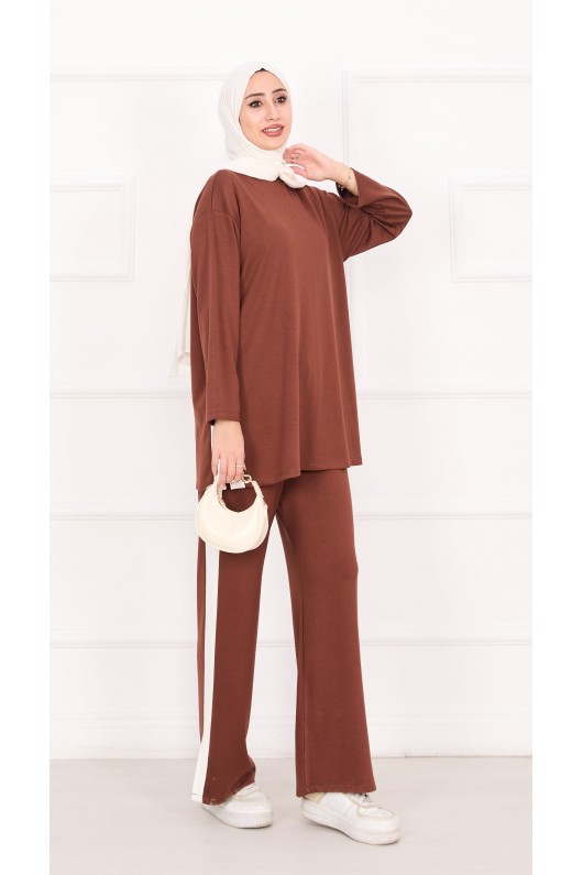 21187 - Oyşo Kumaş Şerit Detay İkili Takım Kahverengi̇ A24