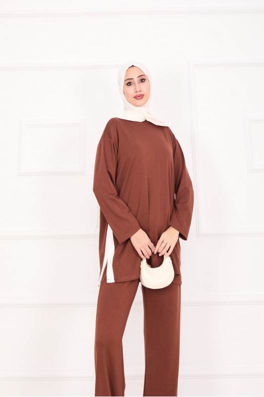 21187 - Oyşo Kumaş Şerit Detay İkili Takım Kahverengi̇ A24
