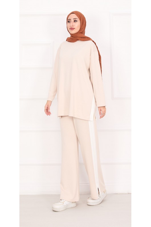 21187 - Oyşo Kumaş Şerit Detay İkili Takım Bej A24