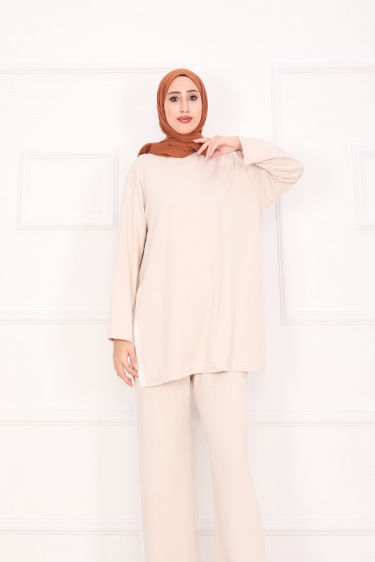 21187 - Oyşo Kumaş Şerit Detay İkili Takım Bej A24