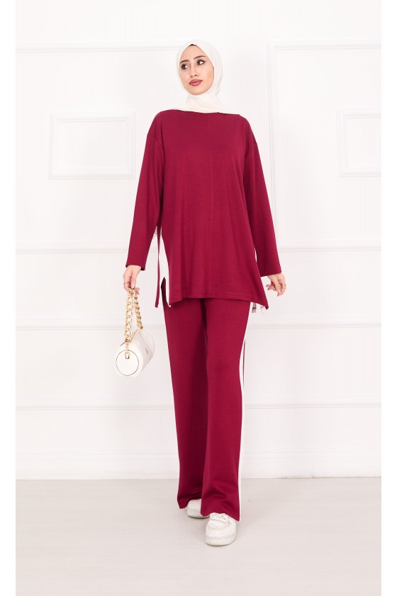 21187 - Oyşo Kumaş Şerit Detay İkili Takım Bordo A24