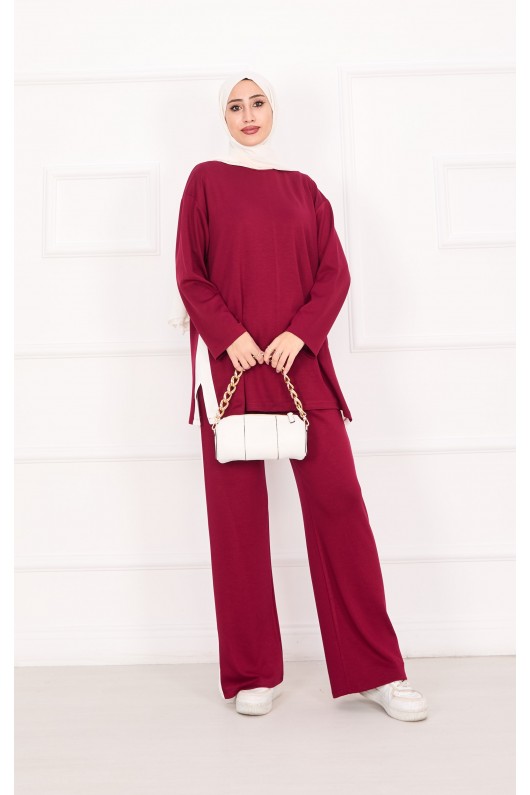 21187 - Oyşo Kumaş Şerit Detay İkili Takım Bordo A24