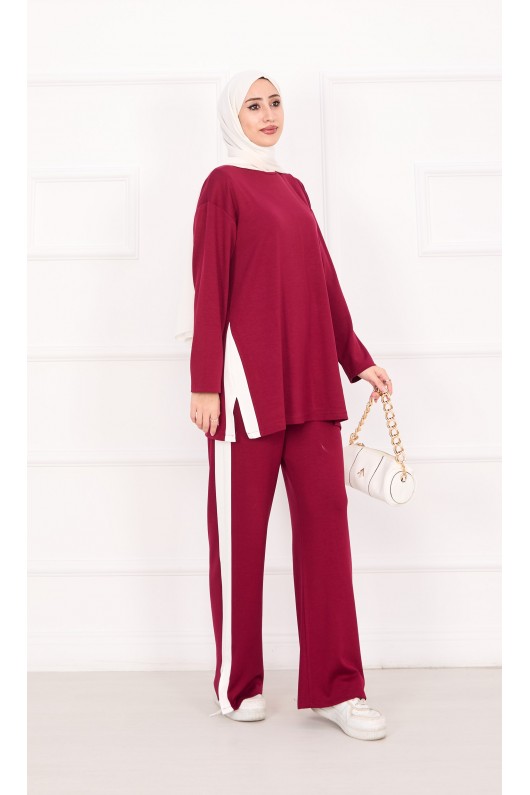 21187 - Oyşo Kumaş Şerit Detay İkili Takım Bordo A24