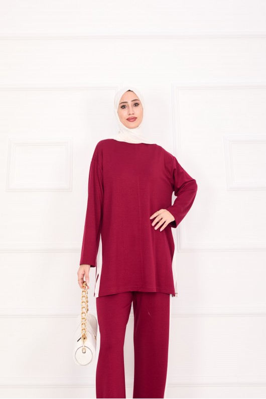 21187 - Oyşo Kumaş Şerit Detay İkili Takım Bordo A24