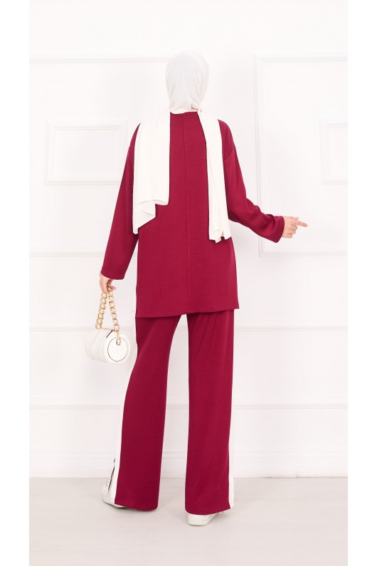 21187 - Oyşo Kumaş Şerit Detay İkili Takım Bordo A24