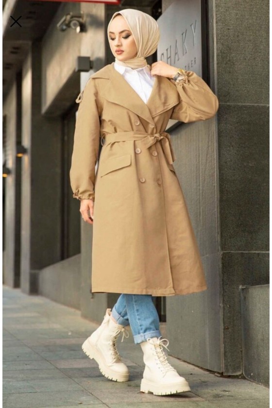 10543 - Tesettür Trençkot Bej