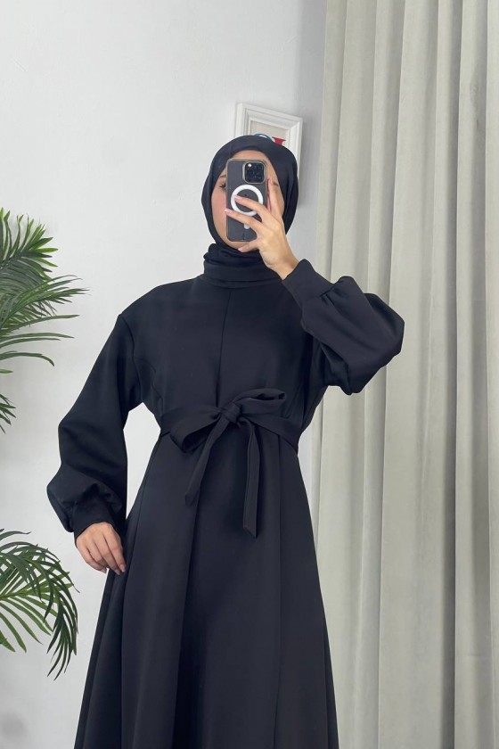 4559 - Scuba Kumaş Tesettür Elbise Si̇yah