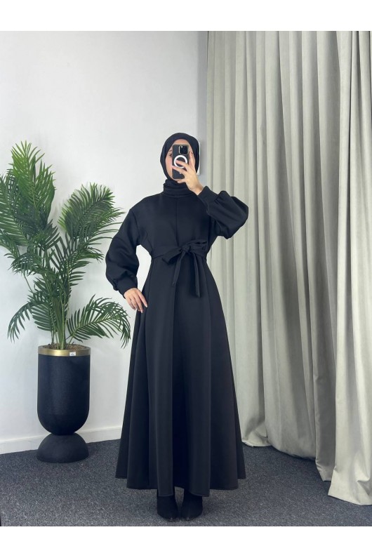 4559 - Scuba Kumaş Tesettür Elbise Si̇yah