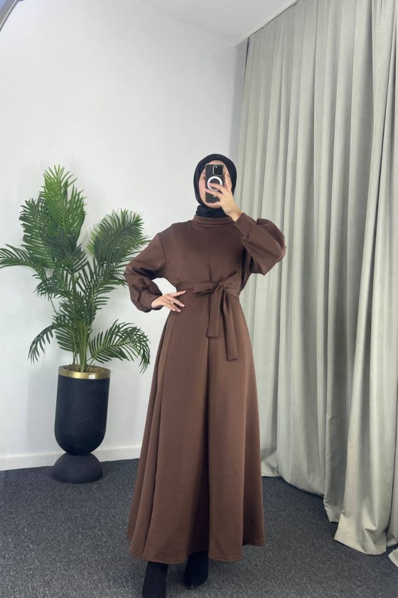 4559 - Scuba Kumaş Tesettür Elbise Kahverengi̇