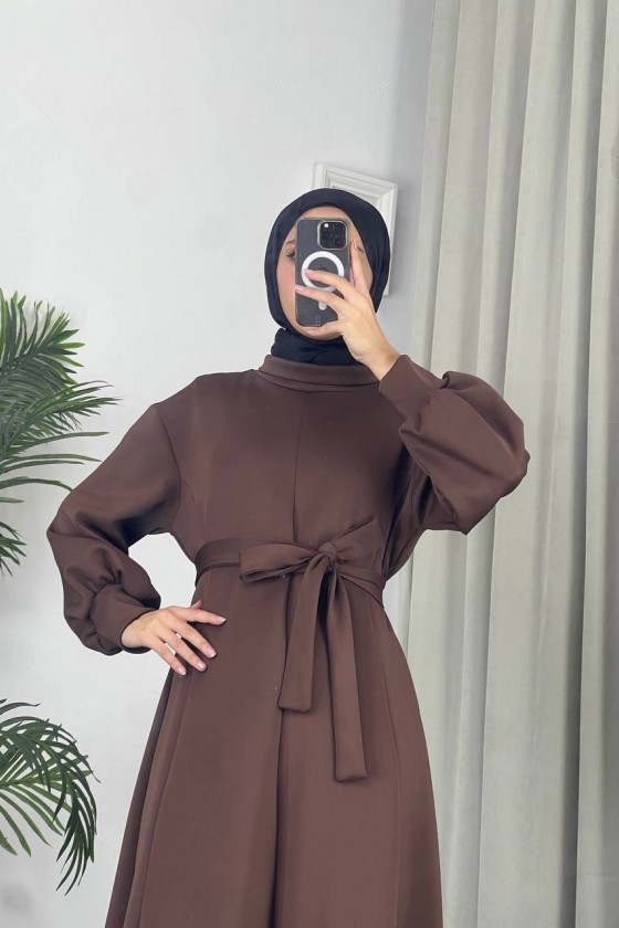 4559 - Scuba Kumaş Tesettür Elbise Kahverengi̇