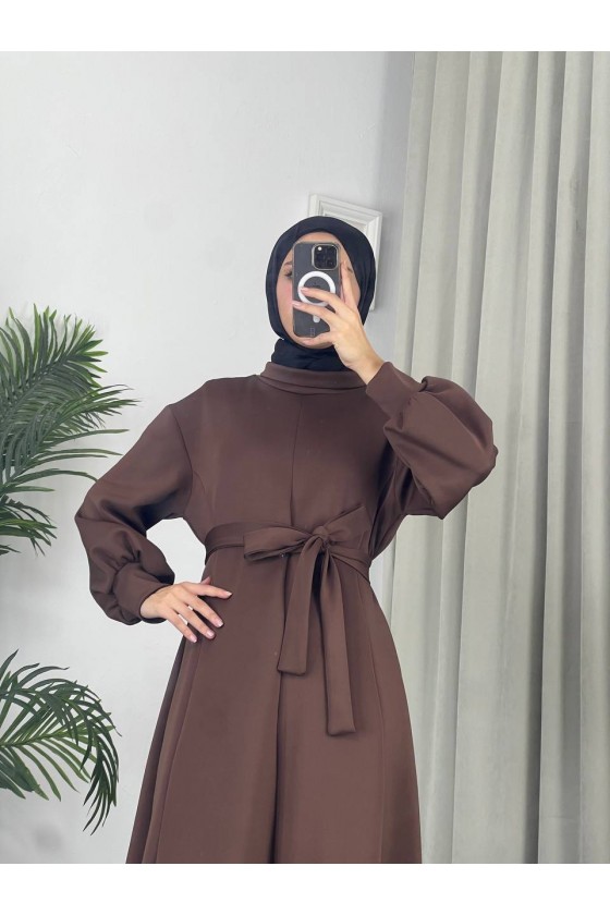 4559 - Scuba Kumaş Tesettür Elbise Kahverengi̇
