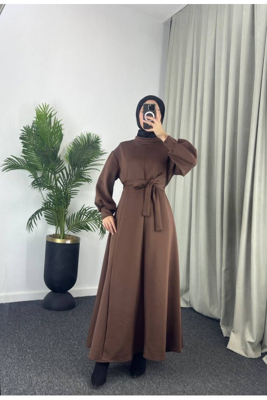 4559 - Scuba Kumaş Tesettür Elbise Kahverengi̇
