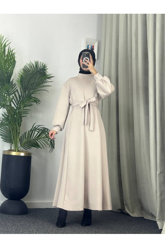 4559 - Scuba Kumaş Tesettür Elbise Bej