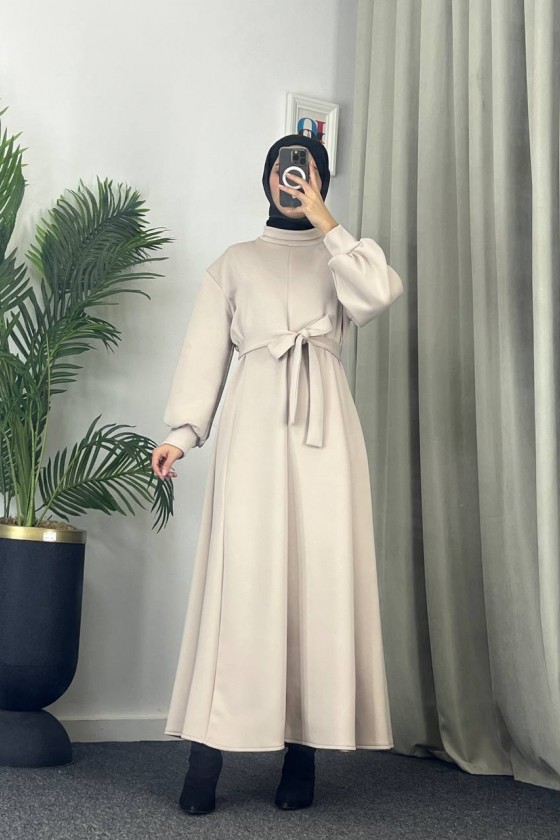 4559 - Scuba Kumaş Tesettür Elbise Bej