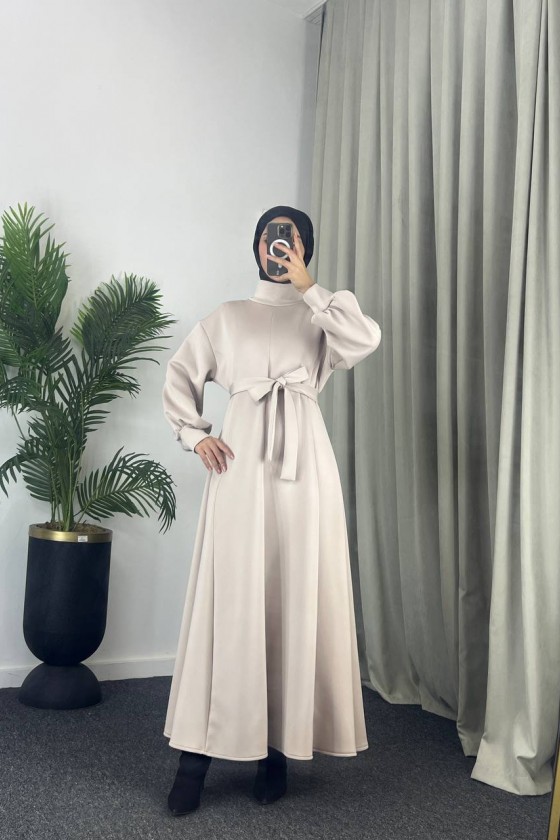 4559 - Scuba Kumaş Tesettür Elbise Bej