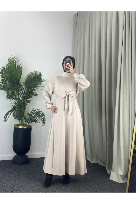 4559 - Scuba Kumaş Tesettür Elbise Bej