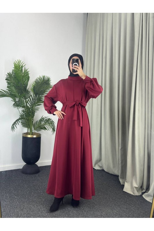 4559 - Scuba Kumaş Tesettür Elbise Bordo