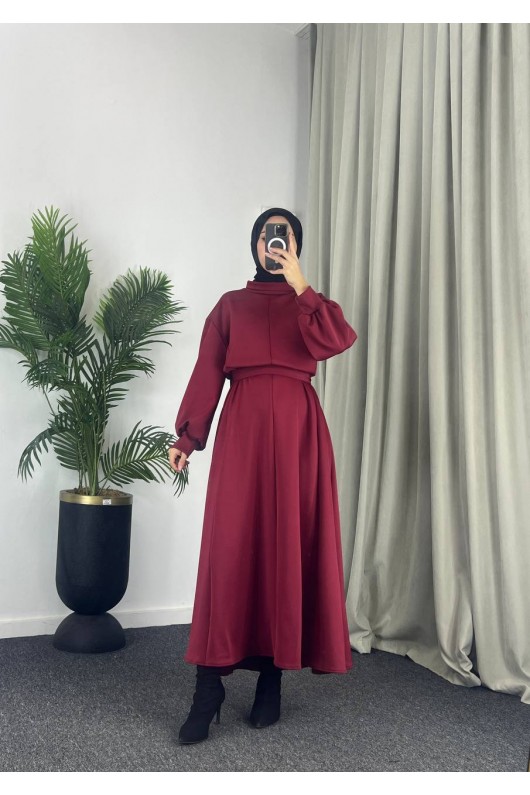 4559 - Scuba Kumaş Tesettür Elbise Bordo