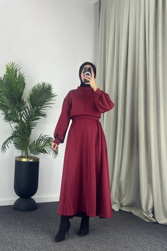 4559 - Scuba Kumaş Tesettür Elbise Bordo