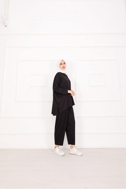 21055 - Salaş Kesim Şalvar Pantolonlu Takım Si̇yah A25