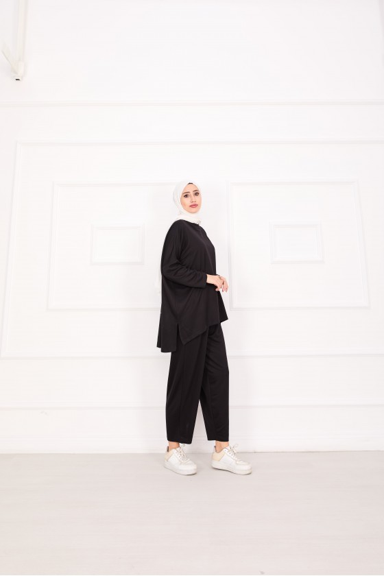 21055 - Salaş Kesim Şalvar Pantolonlu Takım Si̇yah A25