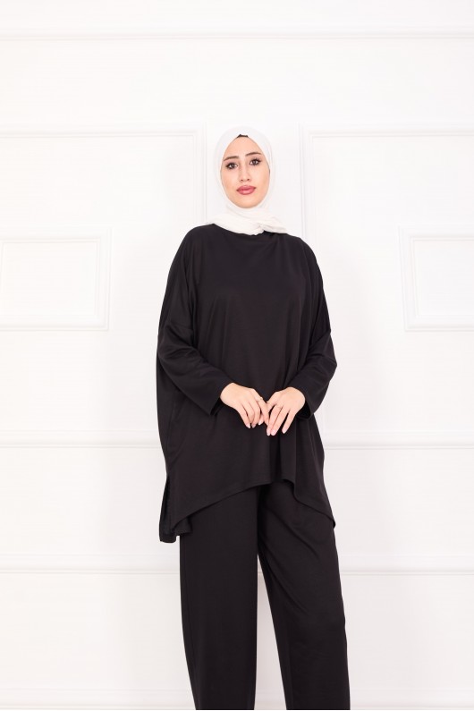 21055 - Salaş Kesim Şalvar Pantolonlu Takım Si̇yah A25