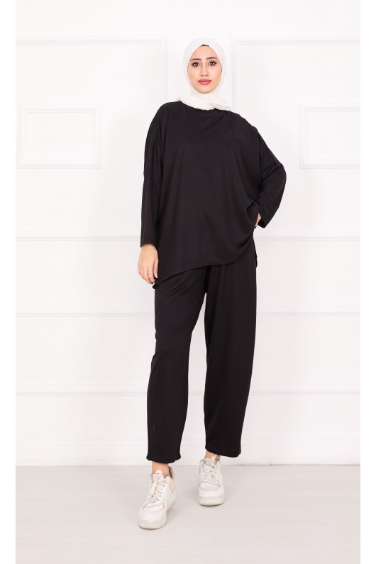 21055 - Salaş Kesim Şalvar Pantolonlu Takım Si̇yah A25