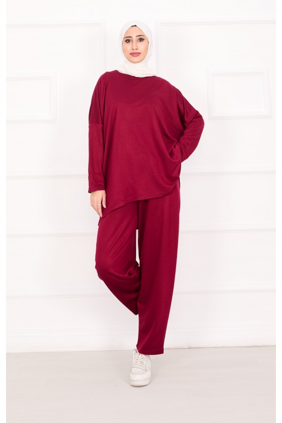 21055 - Salaş Kesim Şalvar Pantolonlu Takım Bordo A25