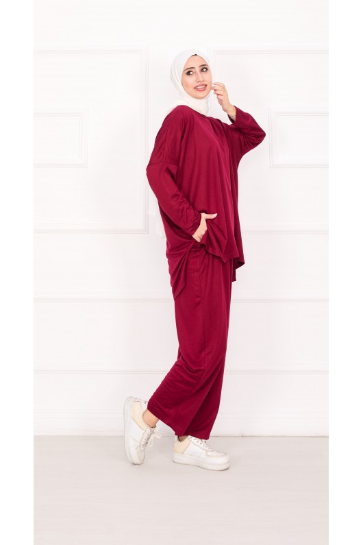 21055 - Salaş Kesim Şalvar Pantolonlu Takım Bordo A25