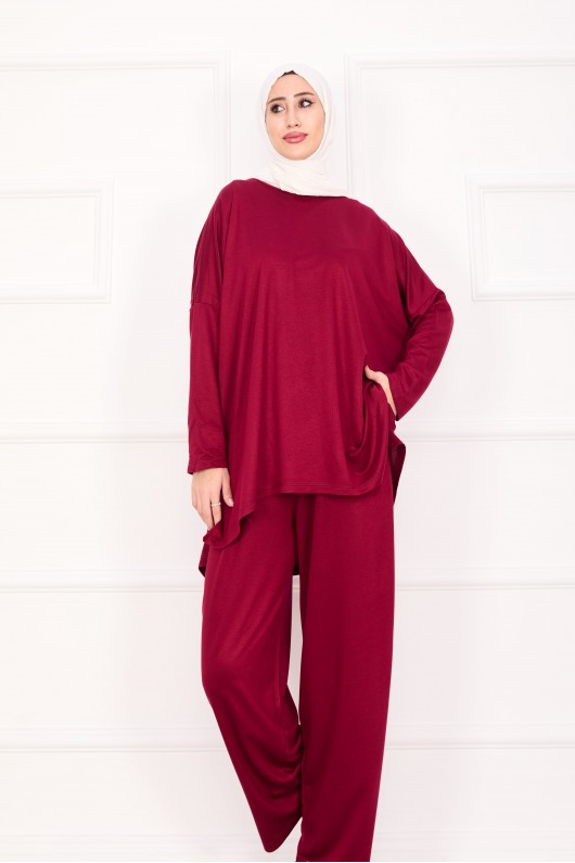 21055 - Salaş Kesim Şalvar Pantolonlu Takım Bordo A25
