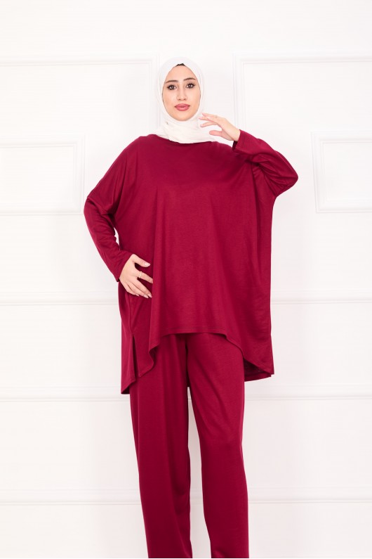 21055 - Salaş Kesim Şalvar Pantolonlu Takım Bordo A25