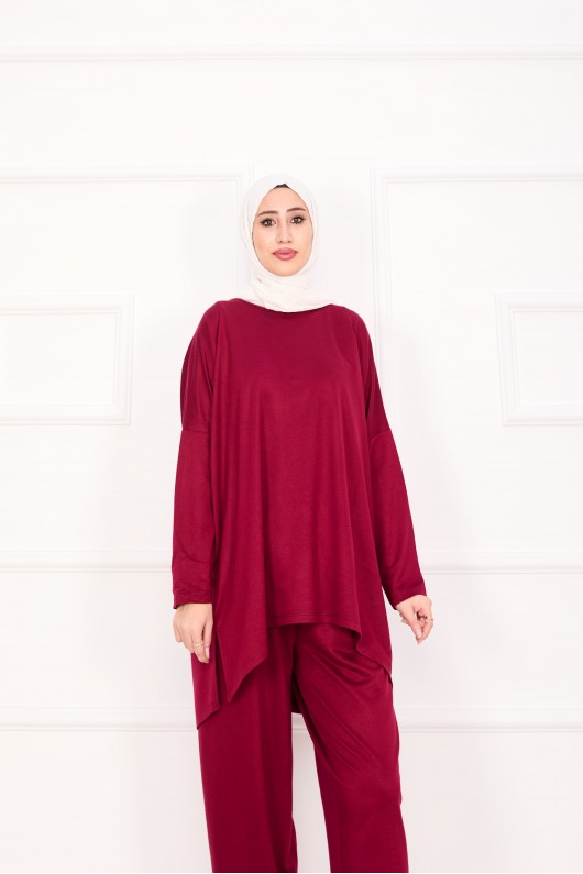 21055 - Salaş Kesim Şalvar Pantolonlu Takım Bordo A25