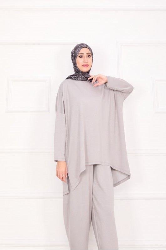 21055 - Salaş Kesim Şalvar Pantolonlu Takım Gri̇ A25