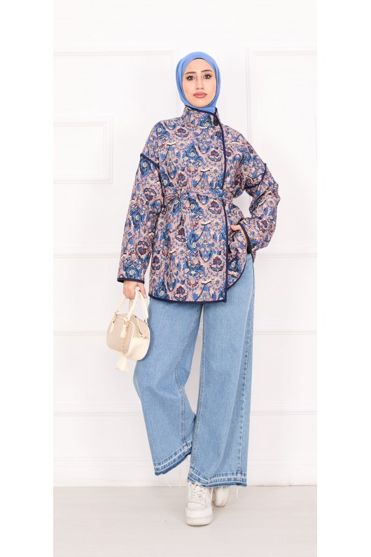 21186 - Biyeli Etnik Desen Kapitone Ceket Mavi̇ A25
