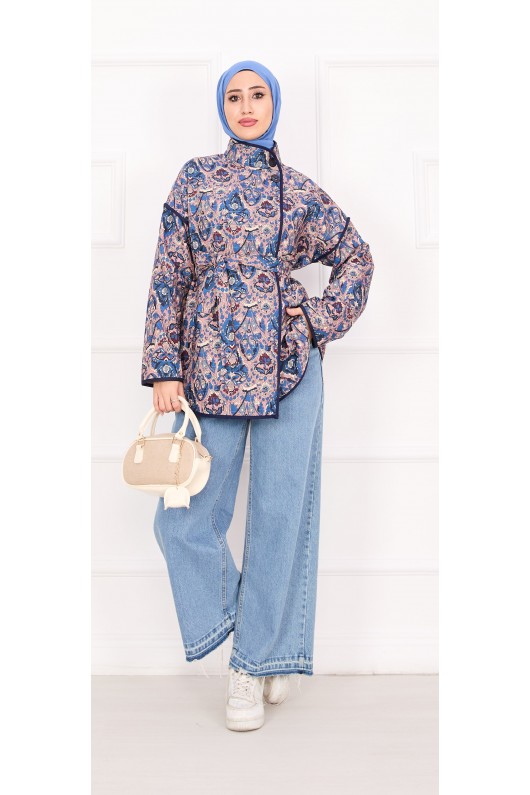 21186 - Biyeli Etnik Desen Kapitone Ceket Mavi̇ A25