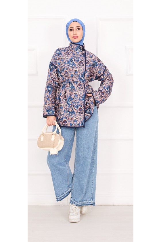 21186 - Biyeli Etnik Desen Kapitone Ceket Mavi̇ A25
