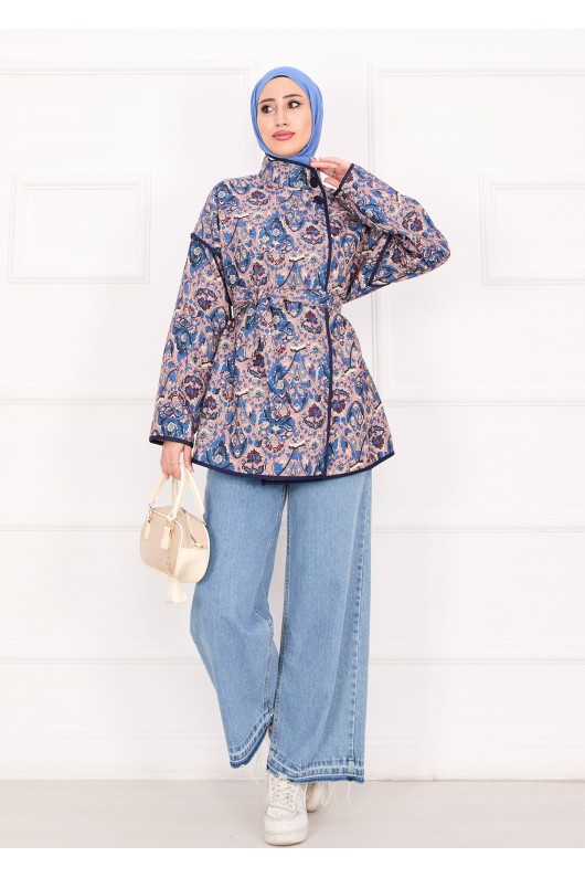 21186 - Biyeli Etnik Desen Kapitone Ceket Mavi̇ A25